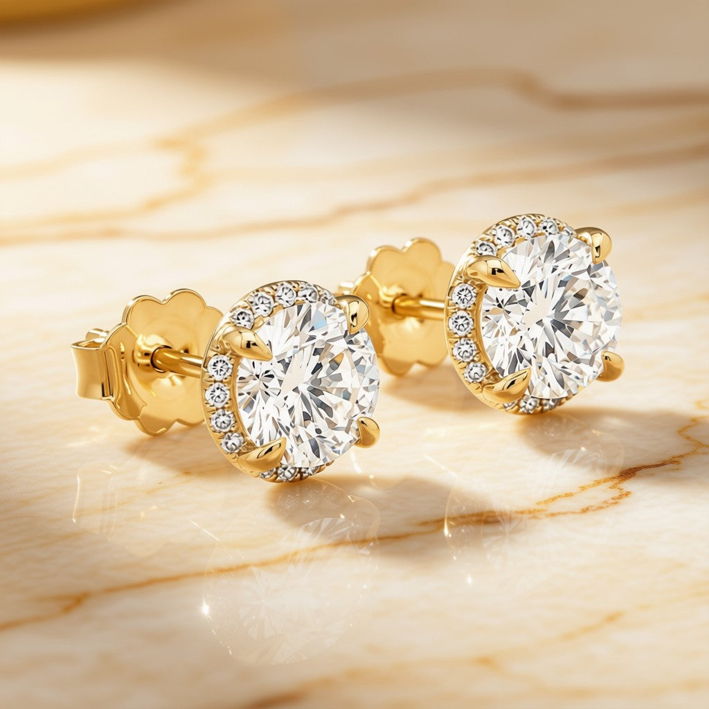 Lab-grown diamond halo stud earrings in 14K yellow gold, angled view