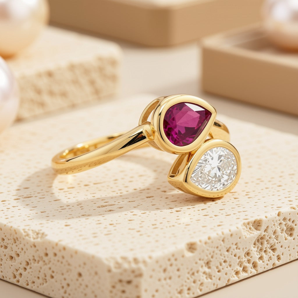 Ruby & Diamond Toi et Moi Ring - 14K Yellow Gold, angle view