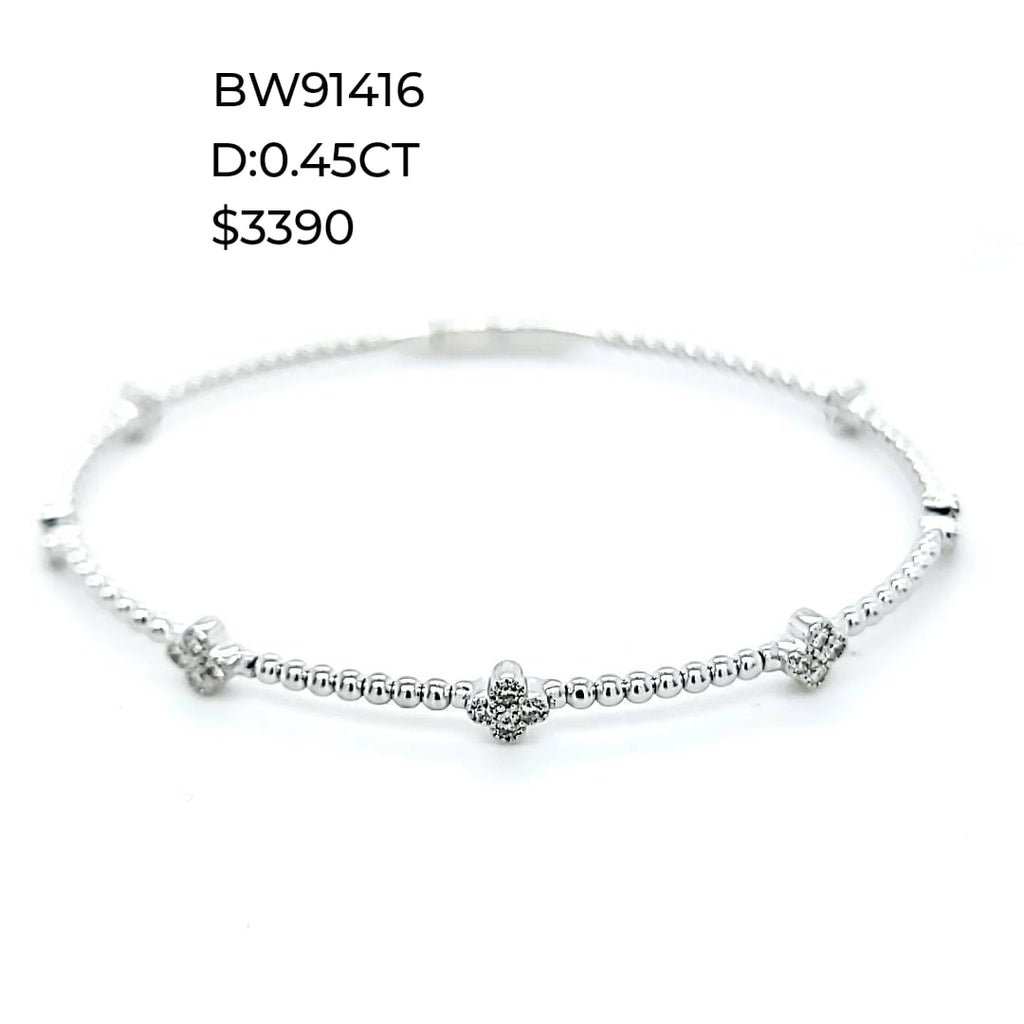 Diamond Clover Bead Bangle Bracelet in 14K White Gold - detail view