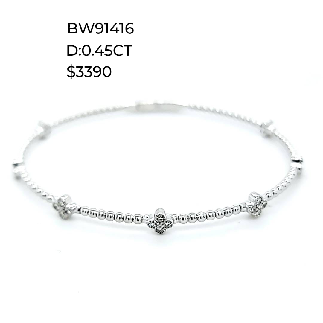 Diamond Clover Bead Bangle Bracelet in 14K White Gold - detail view