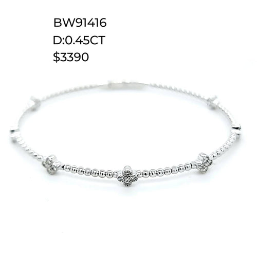 Diamond Clover Bead Bangle Bracelet in 14K White Gold - detail view