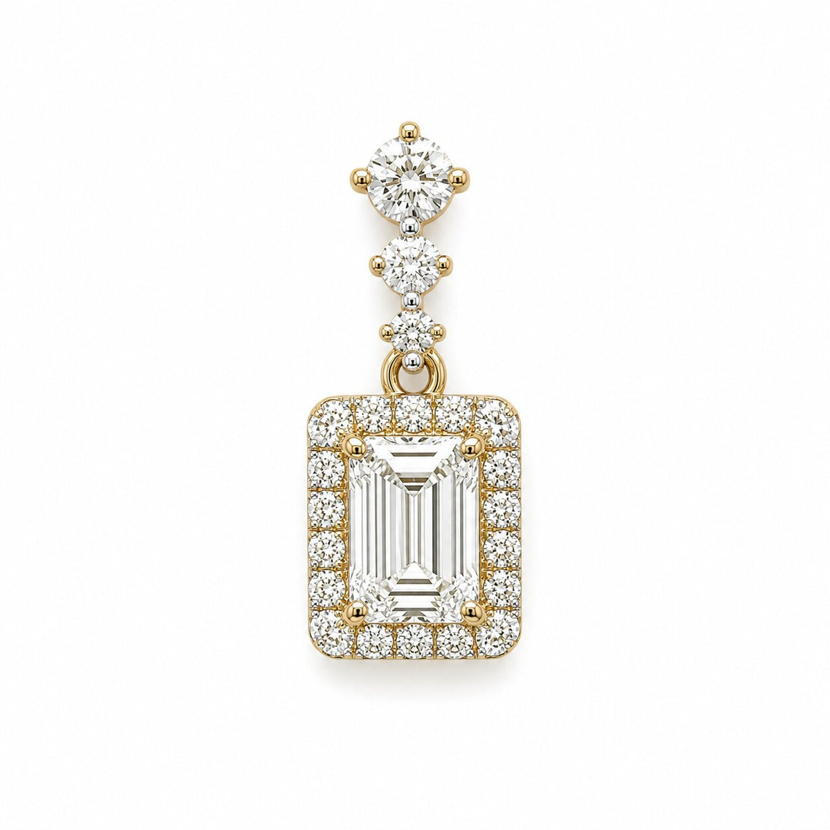 Emerald Cut Diamond Halo Drop Pendant - 14K Yellow Gold