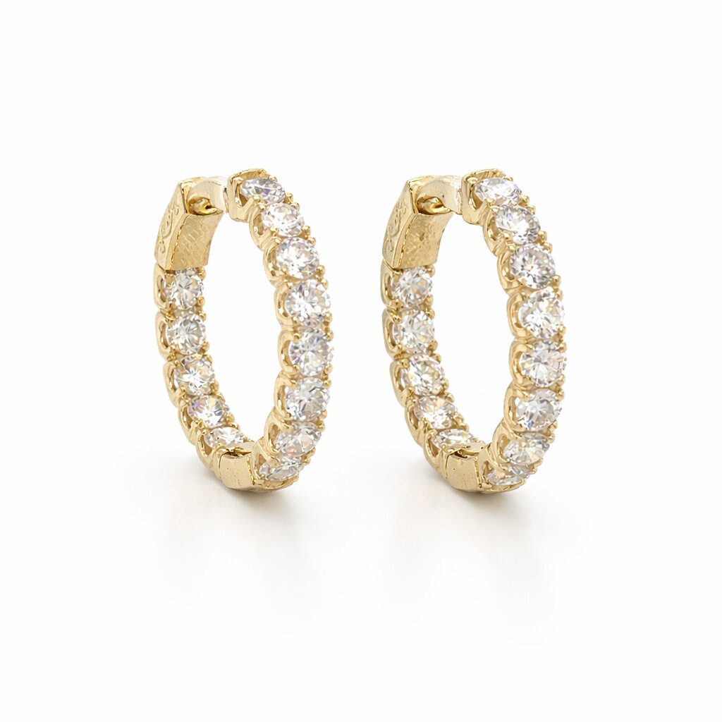 Lab grown diamond hoop earrings in 14K yellow gold, 32 round diamonds, 3.45ct total weight