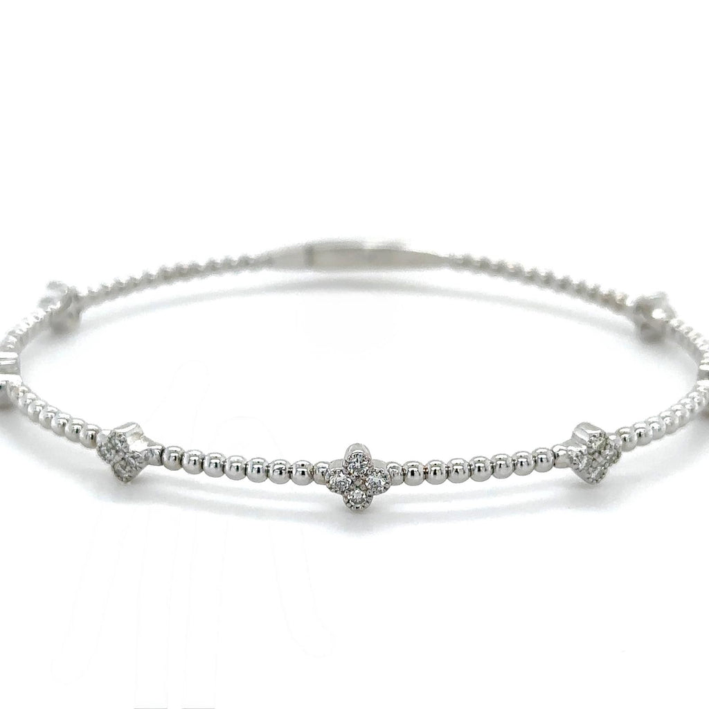 Diamond Clover Bead Bangle Bracelet in 14K White Gold - front view
