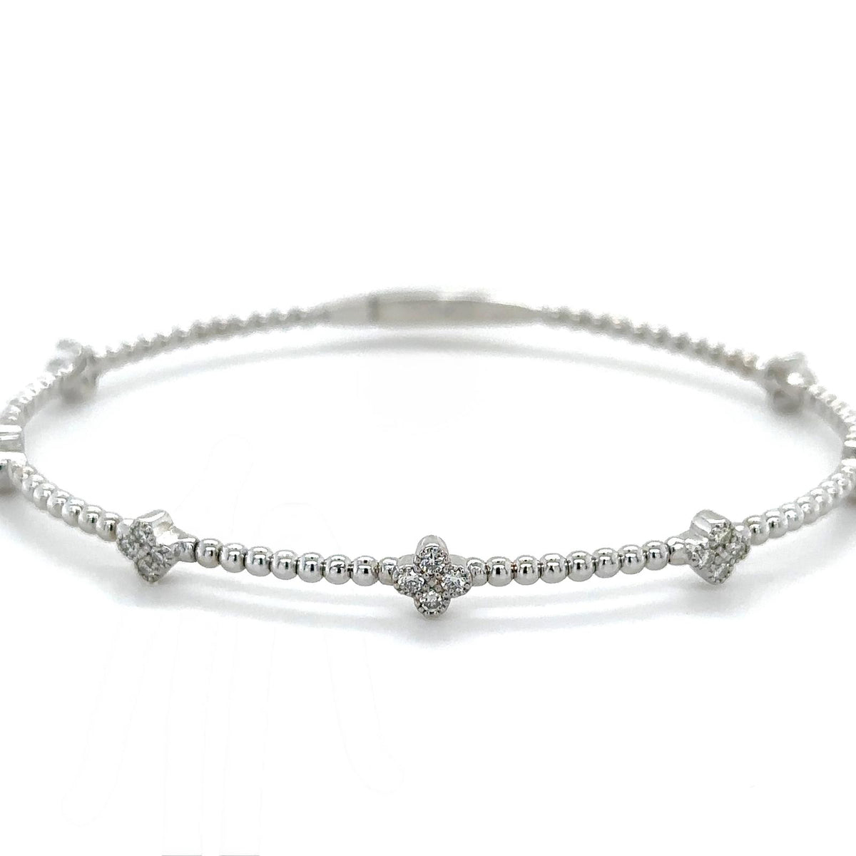 Diamond Clover Bead Bangle Bracelet in 14K White Gold - front view
