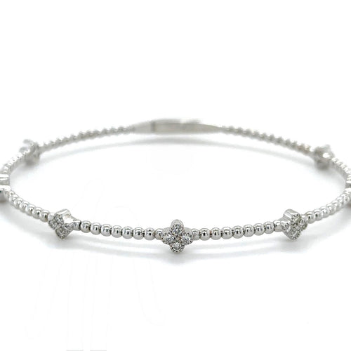 Diamond Clover Bead Bangle Bracelet in 14K White Gold - front view