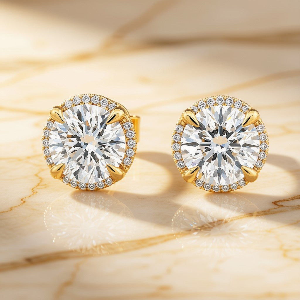 Lab-grown diamond halo stud earrings in 14K yellow gold, front view