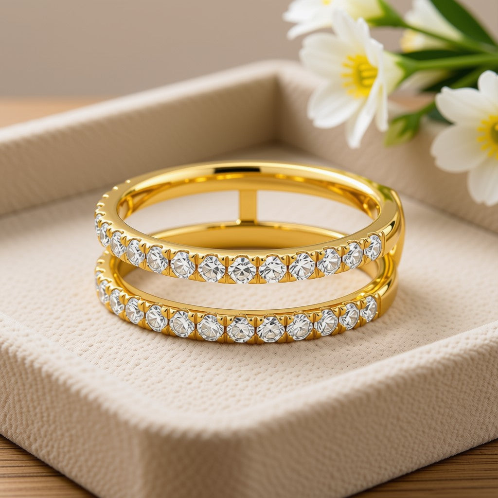 Diamond Double Band Ring - 14K Yellow Gold