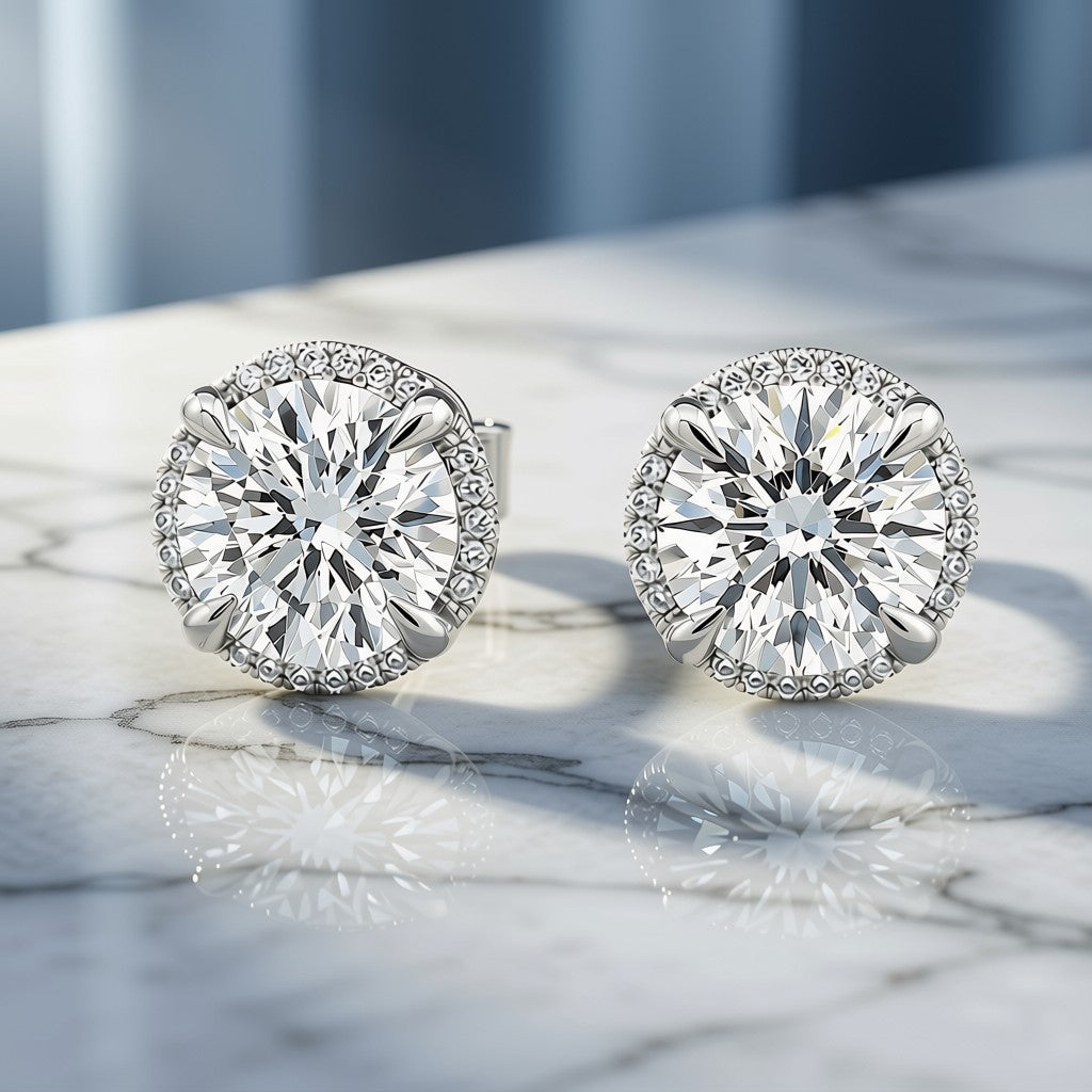 Diamond Halo Stud Earrings - 14K White Gold