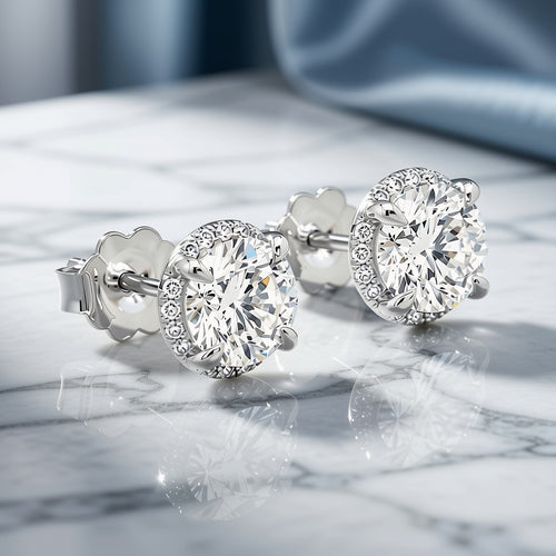 Diamond Halo Stud Earrings - 14K White Gold