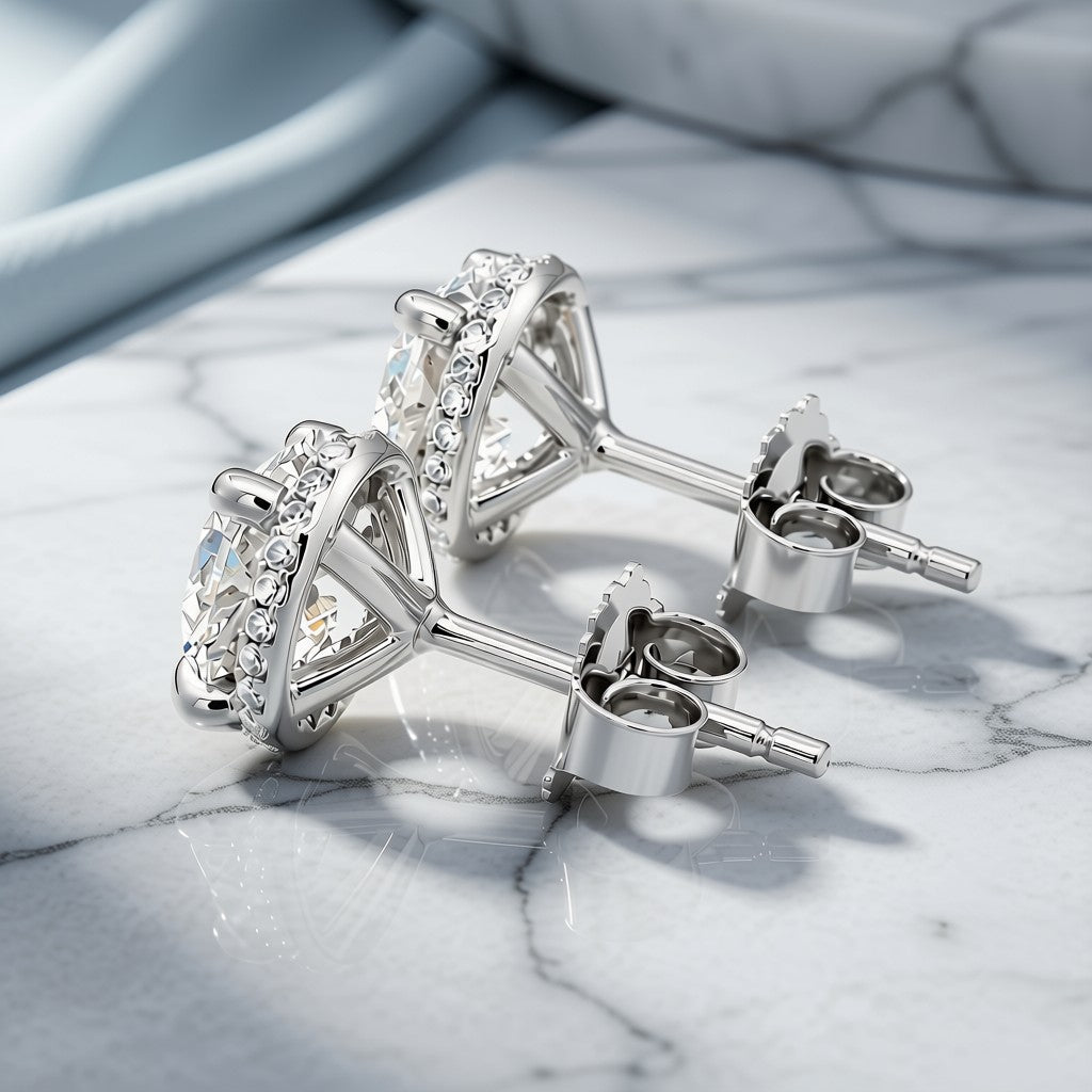 Diamond Halo Stud Earrings - 14K White Gold