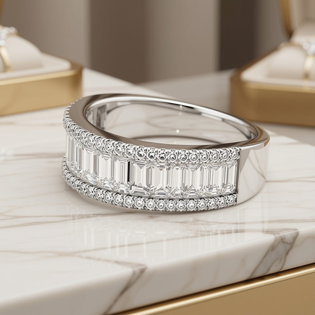 Emerald Cut & Pavé Diamond Band - 14K White Gold, angle view