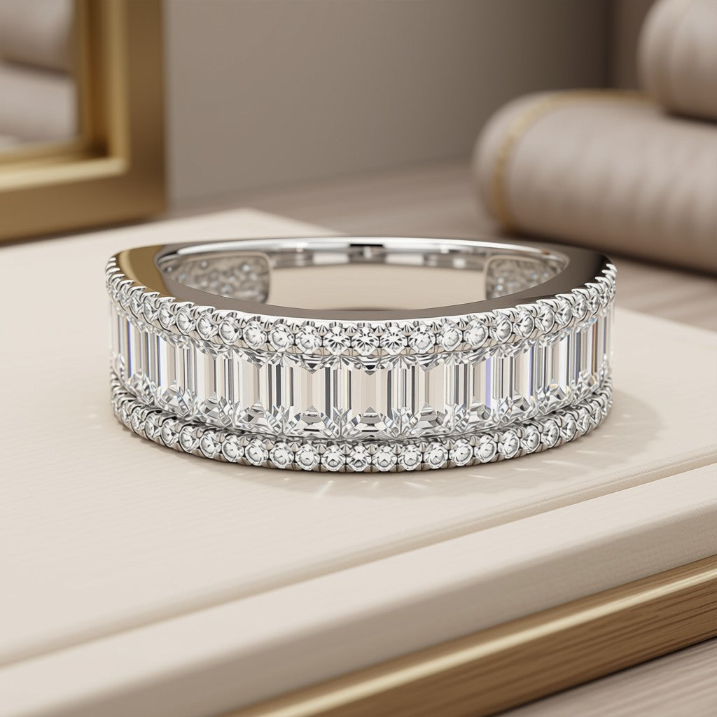 Emerald Cut & Pavé Diamond Band - 14K White Gold, front view