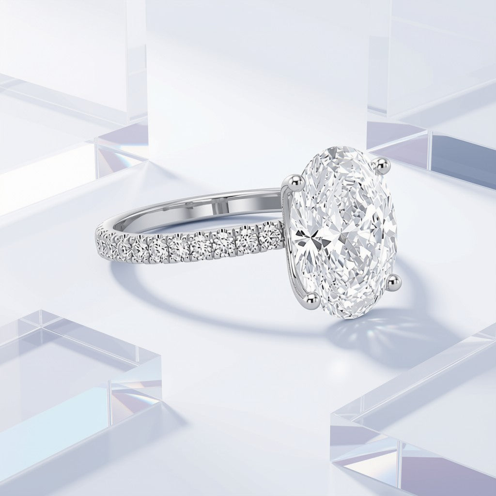 Oval Diamond Pavé Engagement Ring - 14K White Gold, side view