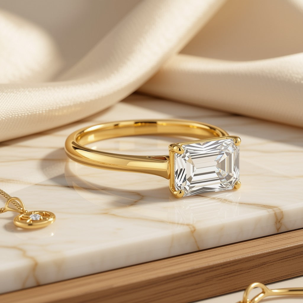 Emerald Cut Diamond Solitaire Ring - 14K Yellow Gold, side view