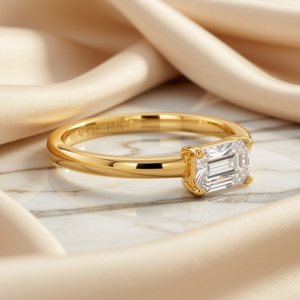 Emerald Cut Diamond Solitaire Ring - 14K Yellow Gold, angle view