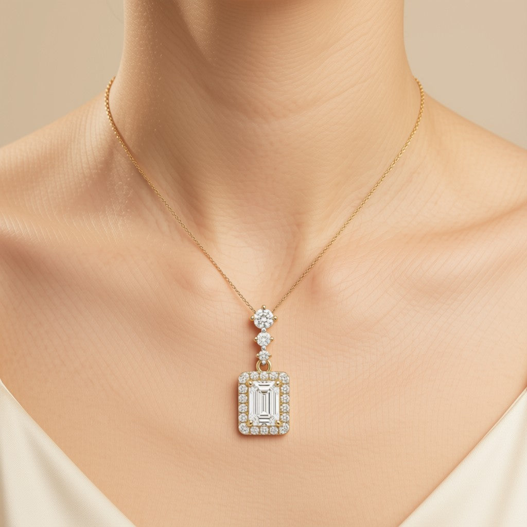 Emerald Cut Diamond Halo Drop Pendant - 14K Yellow Gold
