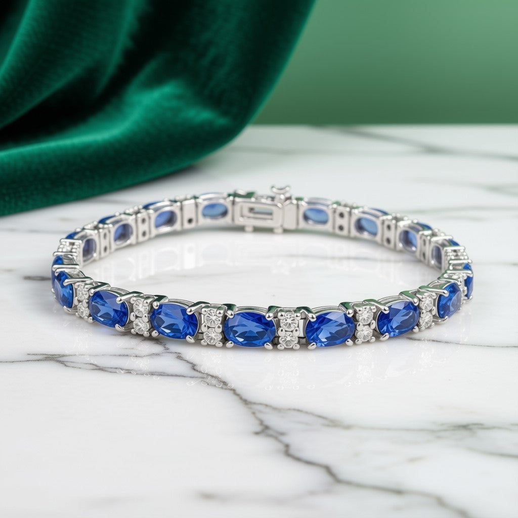 Oval Sapphire and Diamond Tennis Bracelet in 14K White Gold - full view