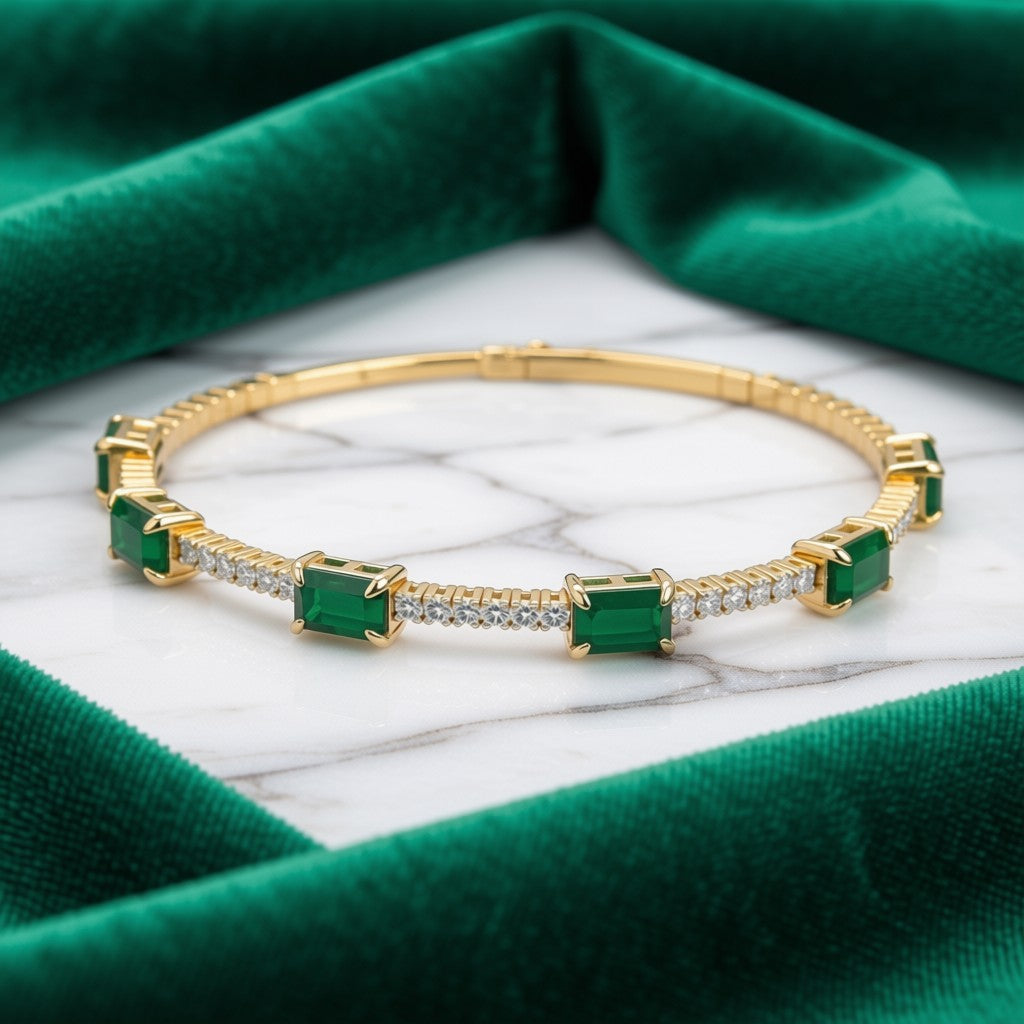 Emerald and Diamond Bangle Bracelet in 14K Yellow Gold - front view