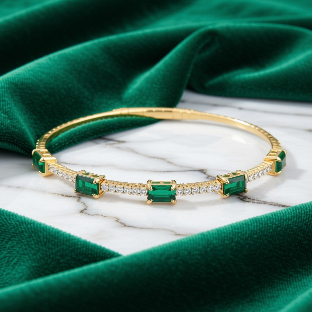 Emerald and Diamond Bangle Bracelet in 14K Yellow Gold - side view