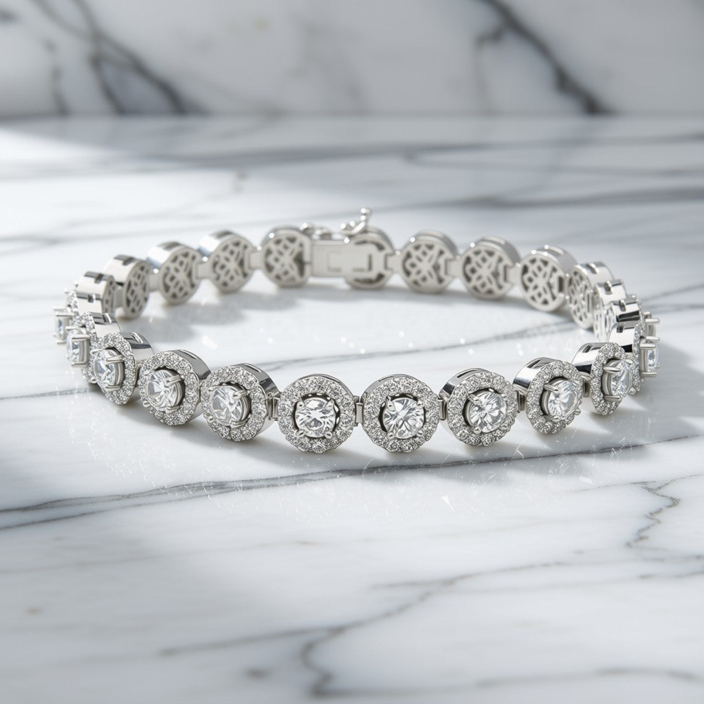 Diamond Halo Tennis Bracelet in 14K White Gold on marble surface