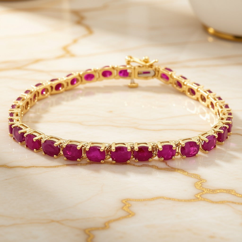 Oval Ruby Tennis Bracelet in 14K Yellow Gold on marble surface